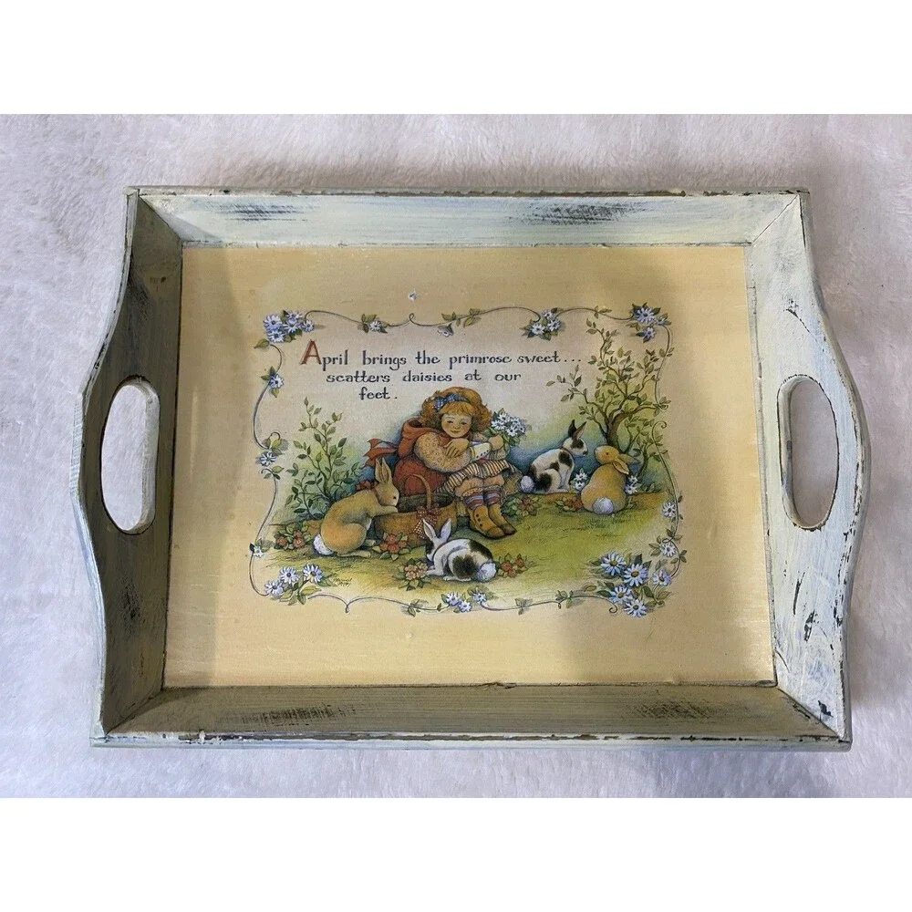 VTG Small Distressed Wooden Tray With Decoupage Image “April Brings The Primrose
